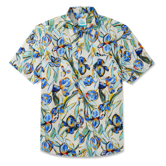 LeosWare® Men's Hawaiian Shirt Short Sleeve Button-up 100% Cotton Blue Aloha Vibrant Blue Floral Art Painting