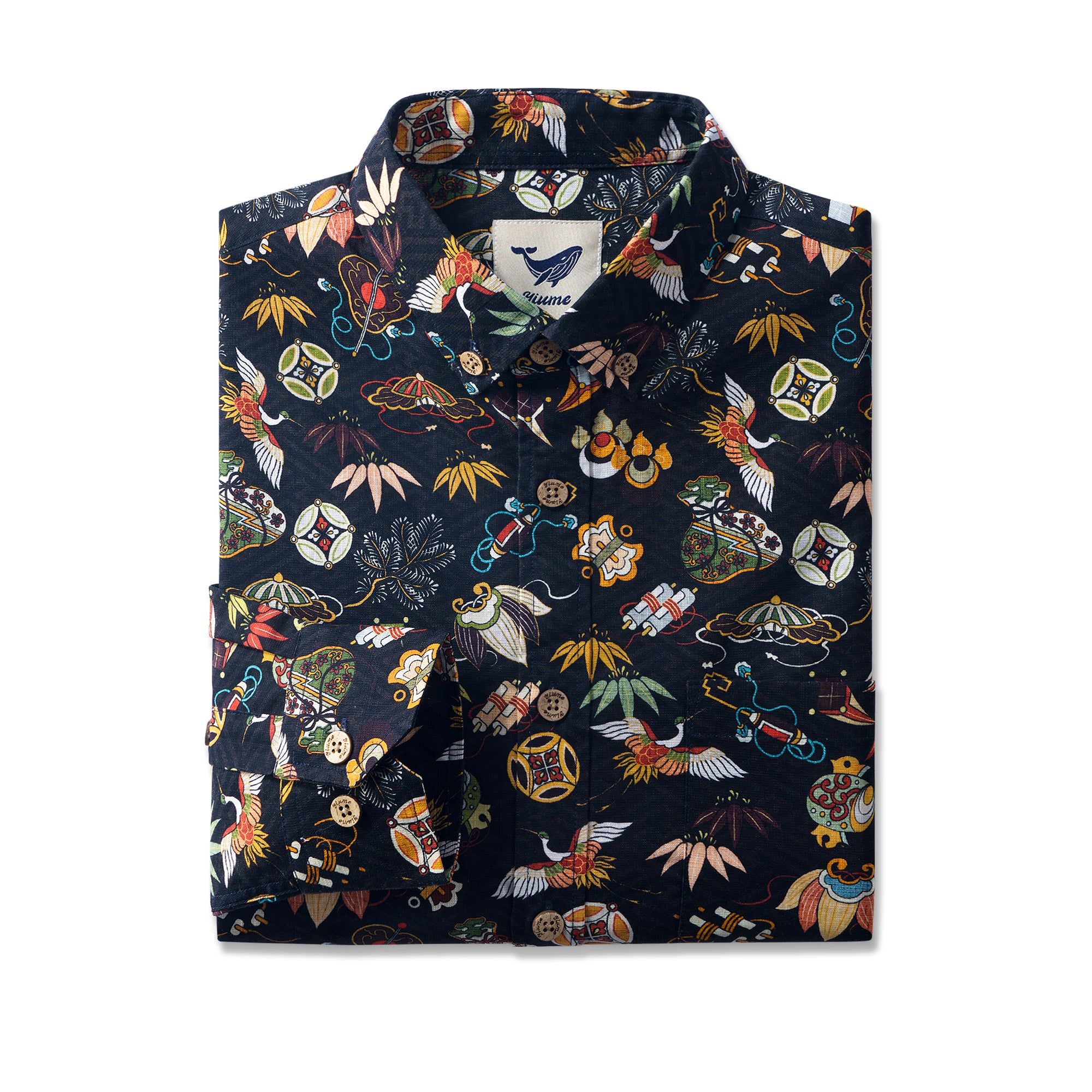 Nippon's Treasure Patterns 100% Cotton Men's Long Sleeve Button-down Shirt Aloha Hawaiian