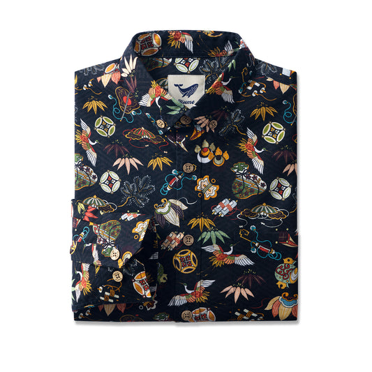 Nippon's Treasure Patterns 100% Cotton Men's Long Sleeve Button-down Shirt Aloha Hawaiian