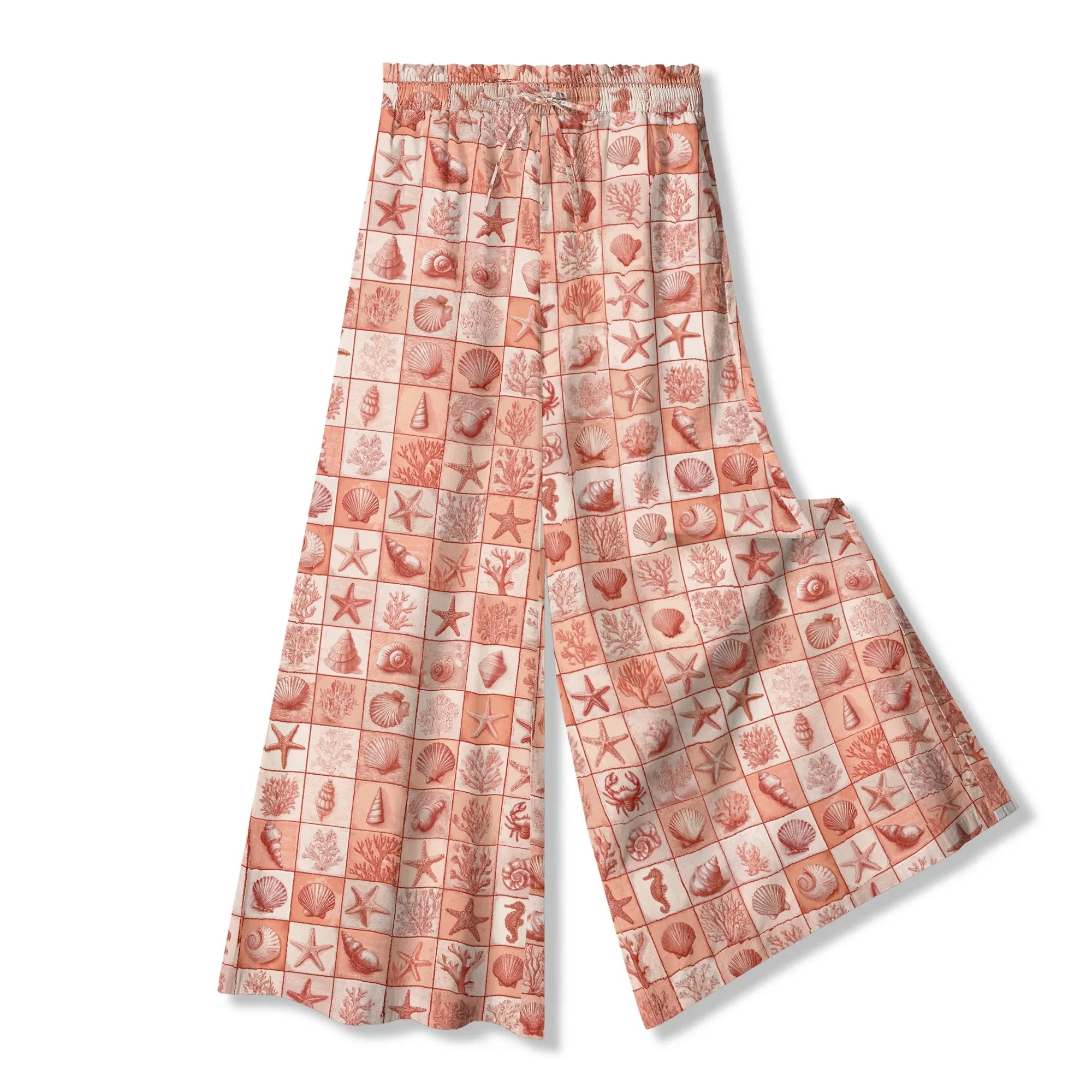 Coral red floral palazzo pants with ocean grid for women