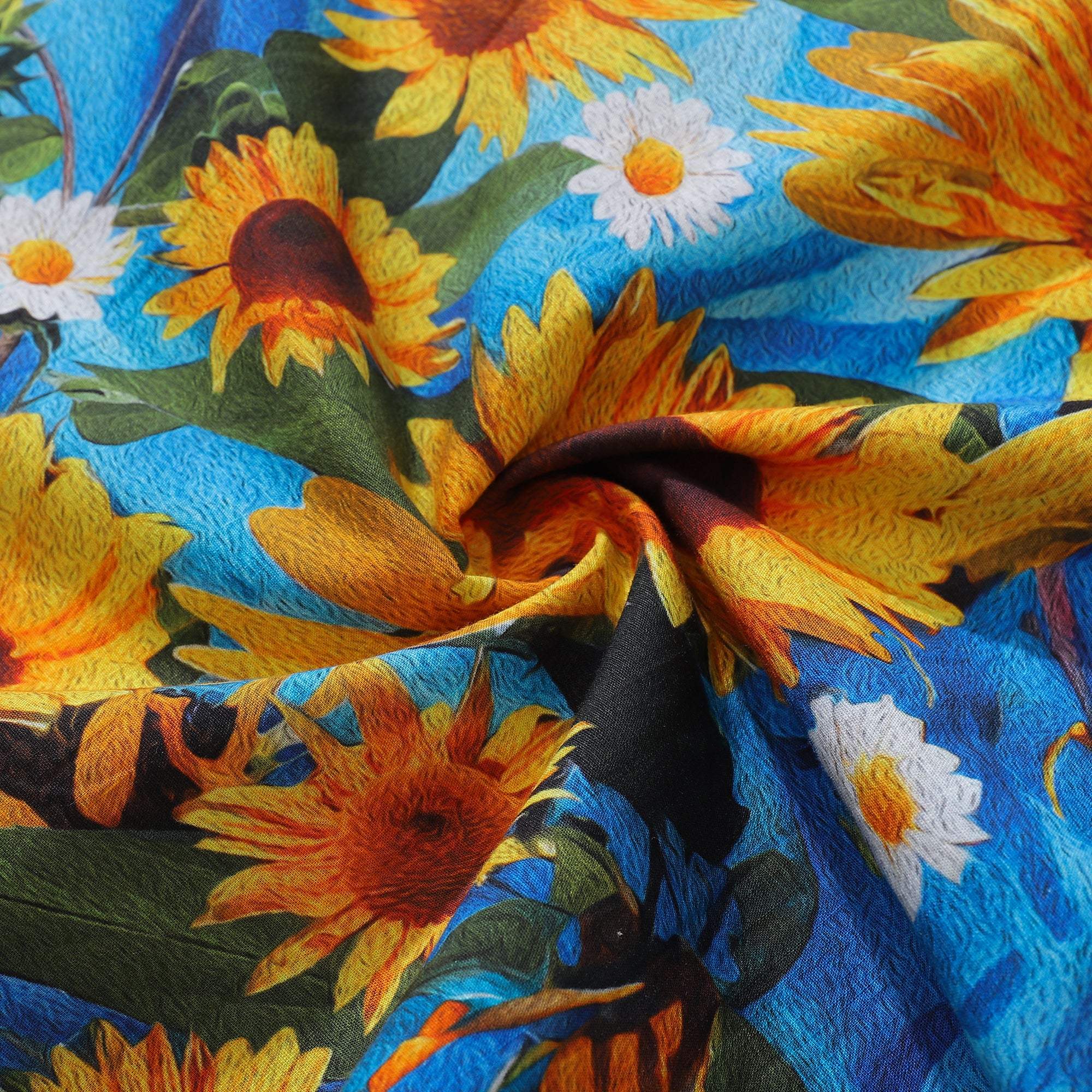 100% Cotton Hawaiian Shirt For Men Sunflowers Growing Wild Blue Camp Collar Shirt