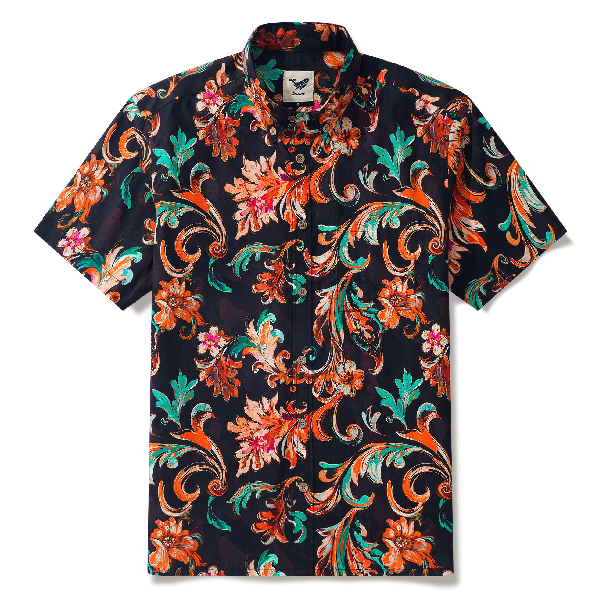 Chemise hawaïenne pour homme à manches courtes, boutonnée, 100 % coton, marron, Aloha Fleurs de Feu.