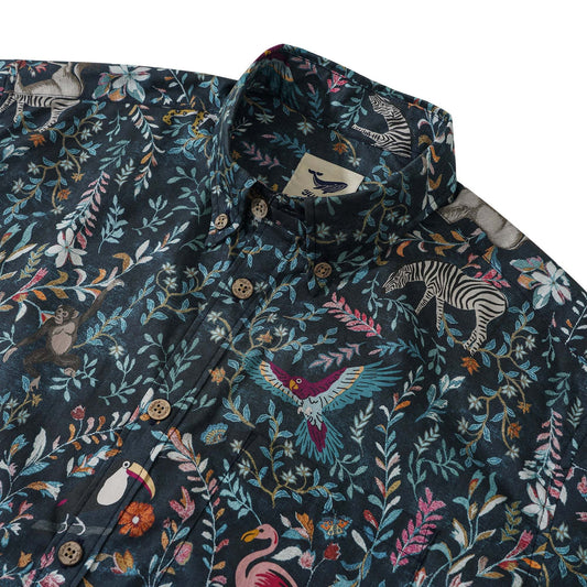 Green Hawaiian shirt with flamingo and monkey design