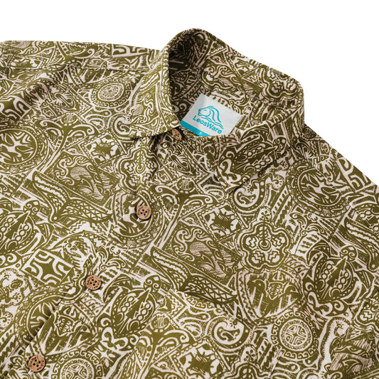 LeosWare® Men's Hawaiian Shirt Short Sleeve Button-up 100% Cotton Yellow Aloha Exotic Tribal Art Patterns