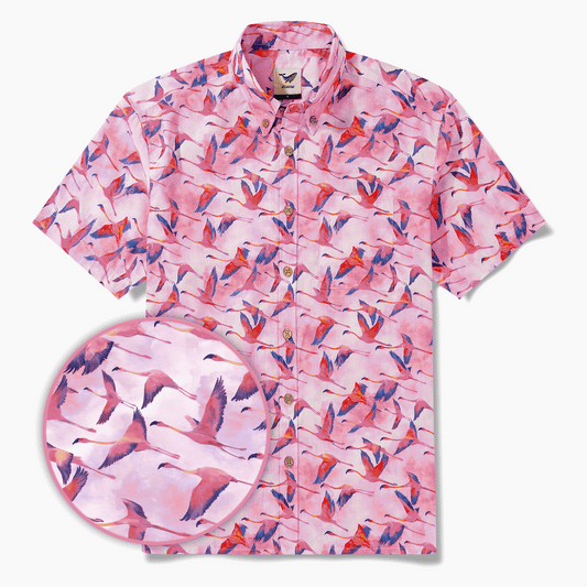 Men's Hawaiian Shirt Short Sleeve Button-down 100% Cotton Aloha Flamingo Migration Symphony In The Clouds