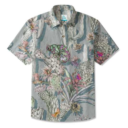 Men's Hawaiian shirt with cacti and chameleons, gray, cotton