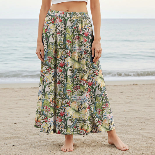 Women Casual Maxi Skirt Long Elastic Waist with Pockets 100% Cotton Green Aloha Classic Floral Fantasy