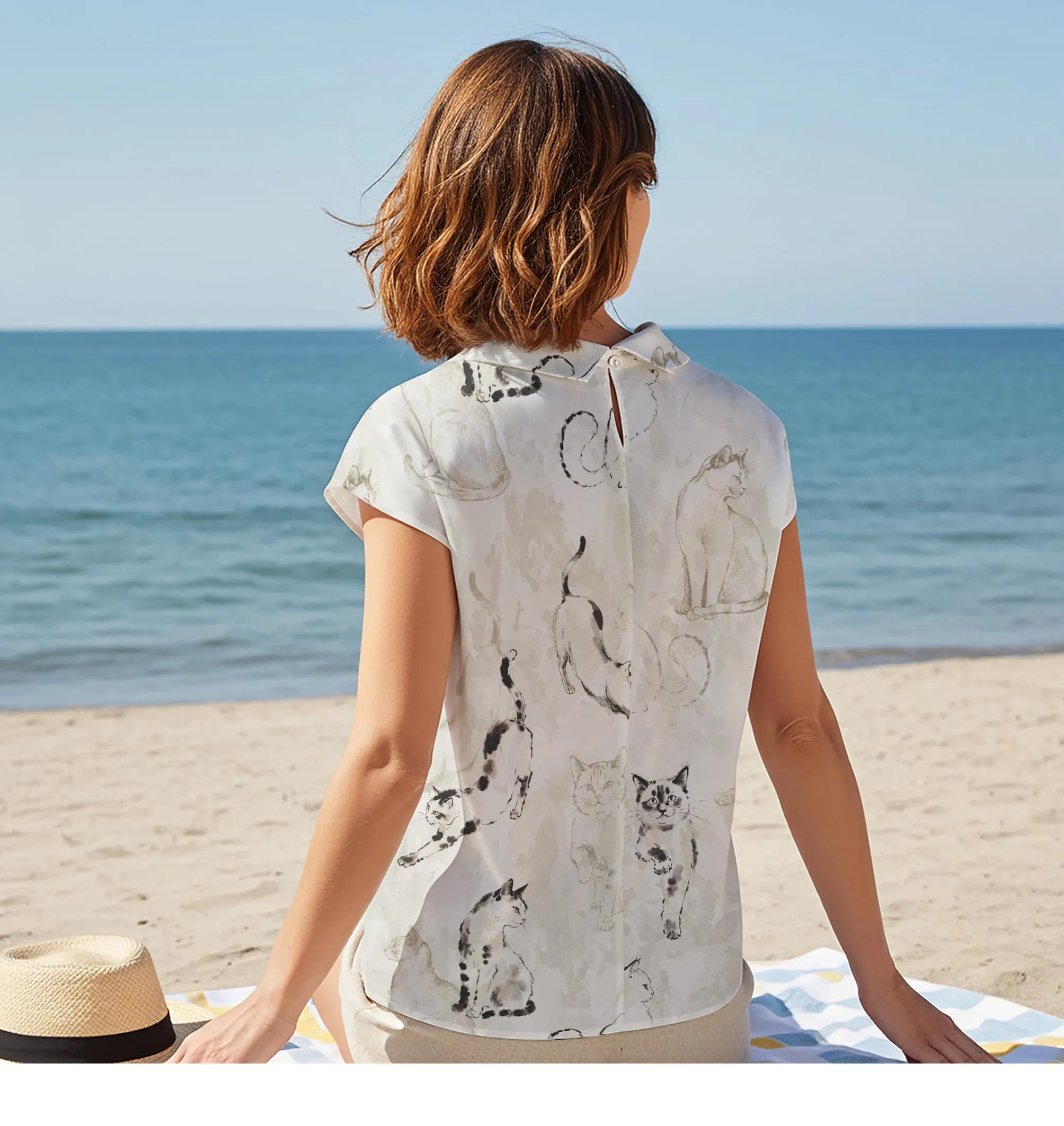 Women Casual Blouse Cap Sleeve Fold-Over Neck Button-Back 100% Lyocell Gray Aloha Cat's Delight