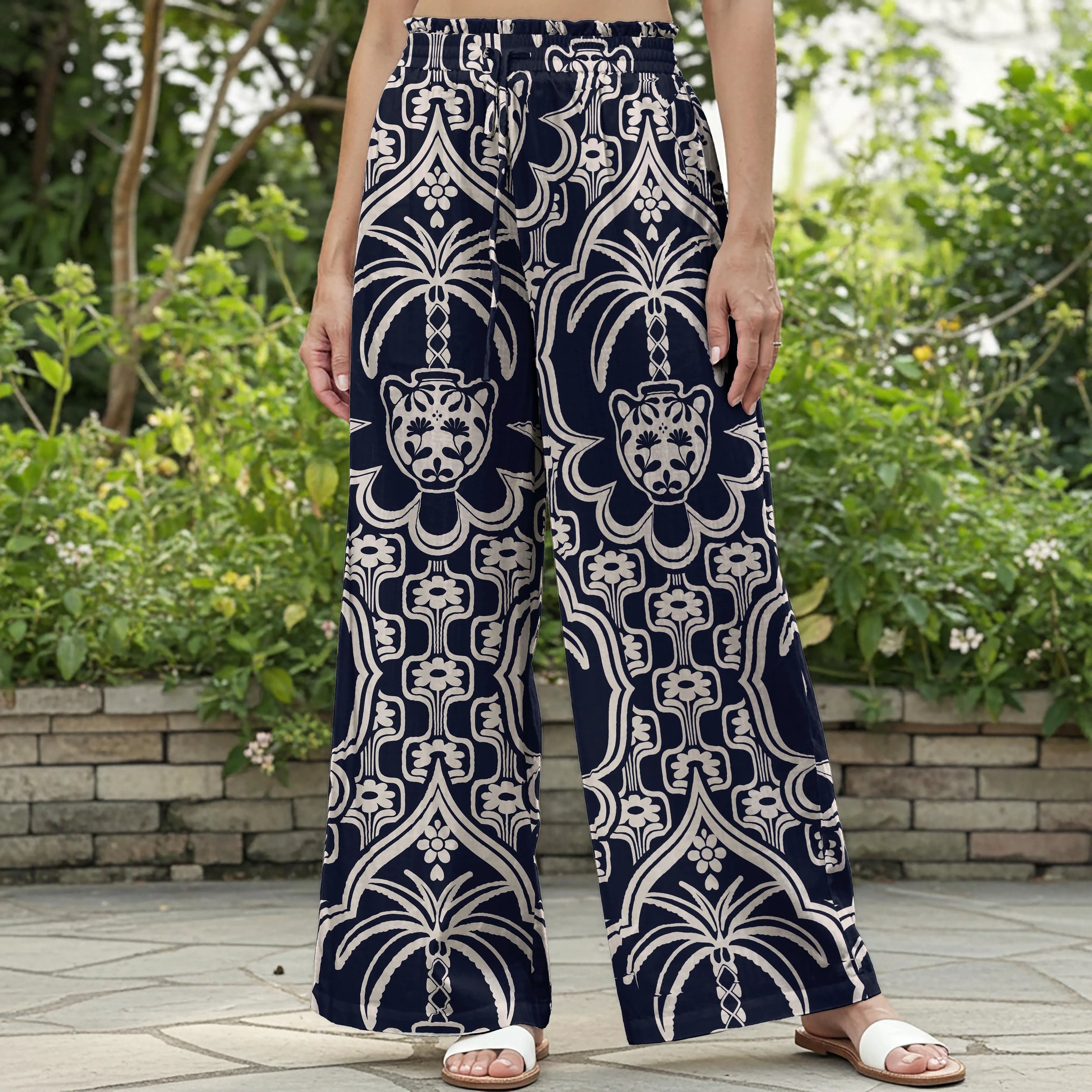 Women Casual Pants Lounge Elastic Waist Drawstring with Pockets 100% Cotton Beige Aloha Tropical Charm Satin