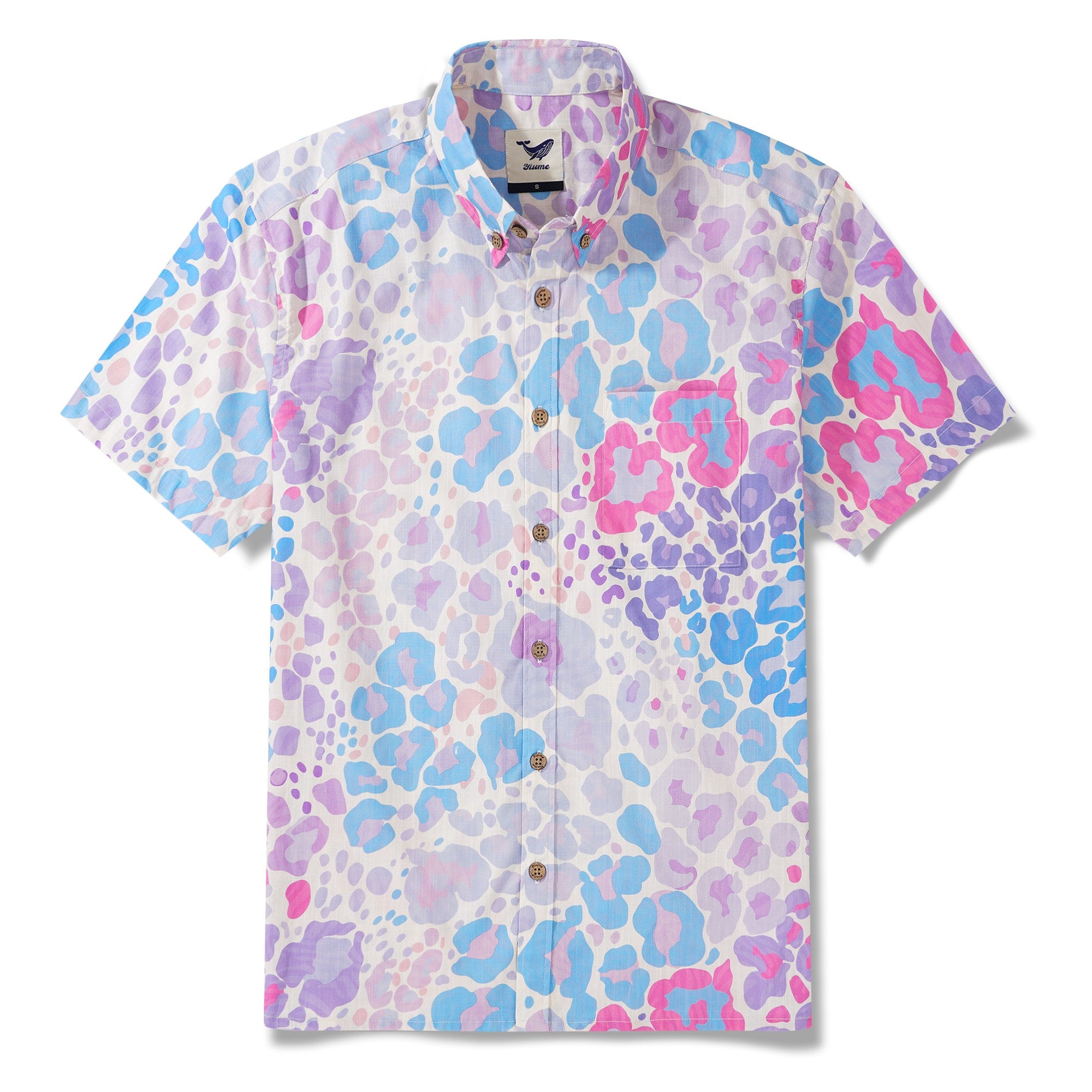 メンズハワイアンシャツ半袖ボタンダウン100％コットンベージュアロハトロピカルヒョウファンタジーカモプリント