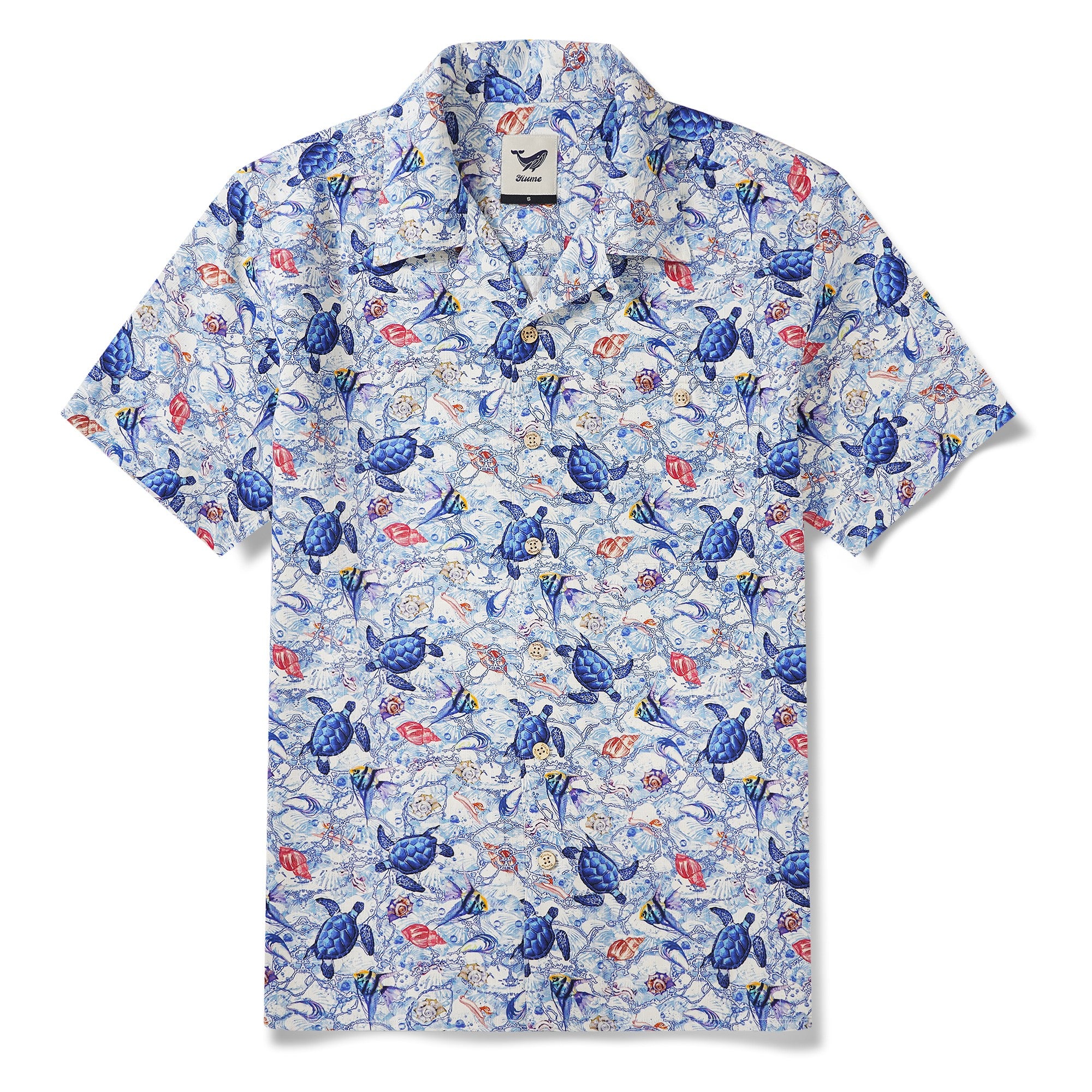 Men's Hawaiian Shirt Short Sleeve Camp Collar 100% Silk Blue Aloha A Sea Turtle's Odyssey