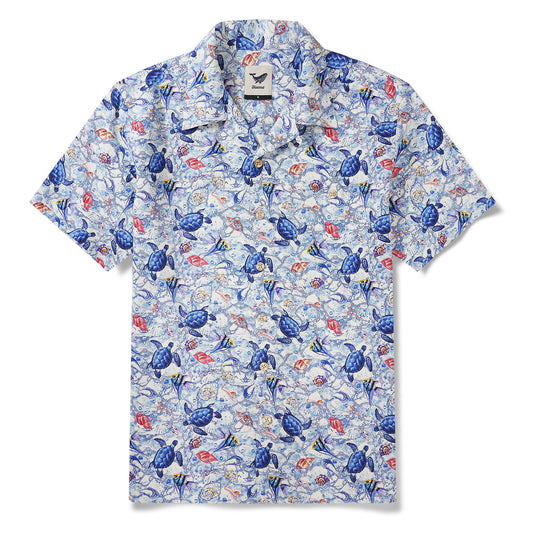 Men's Hawaiian Shirt Short Sleeve Camp Collar 100% Silk Blue Aloha A Sea Turtle's Odyssey