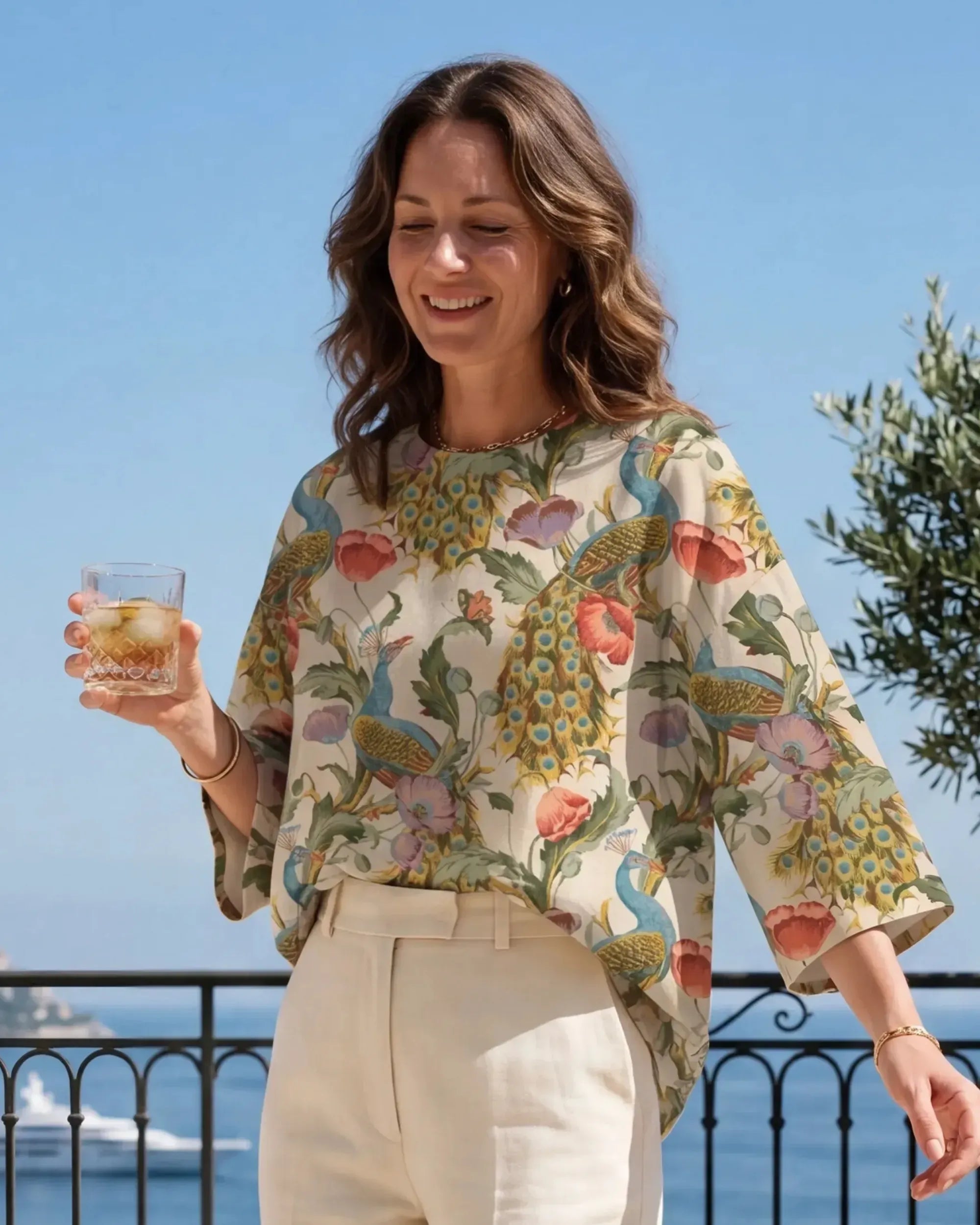 Women's beige blouse with peacock and floral print, lyocell linen