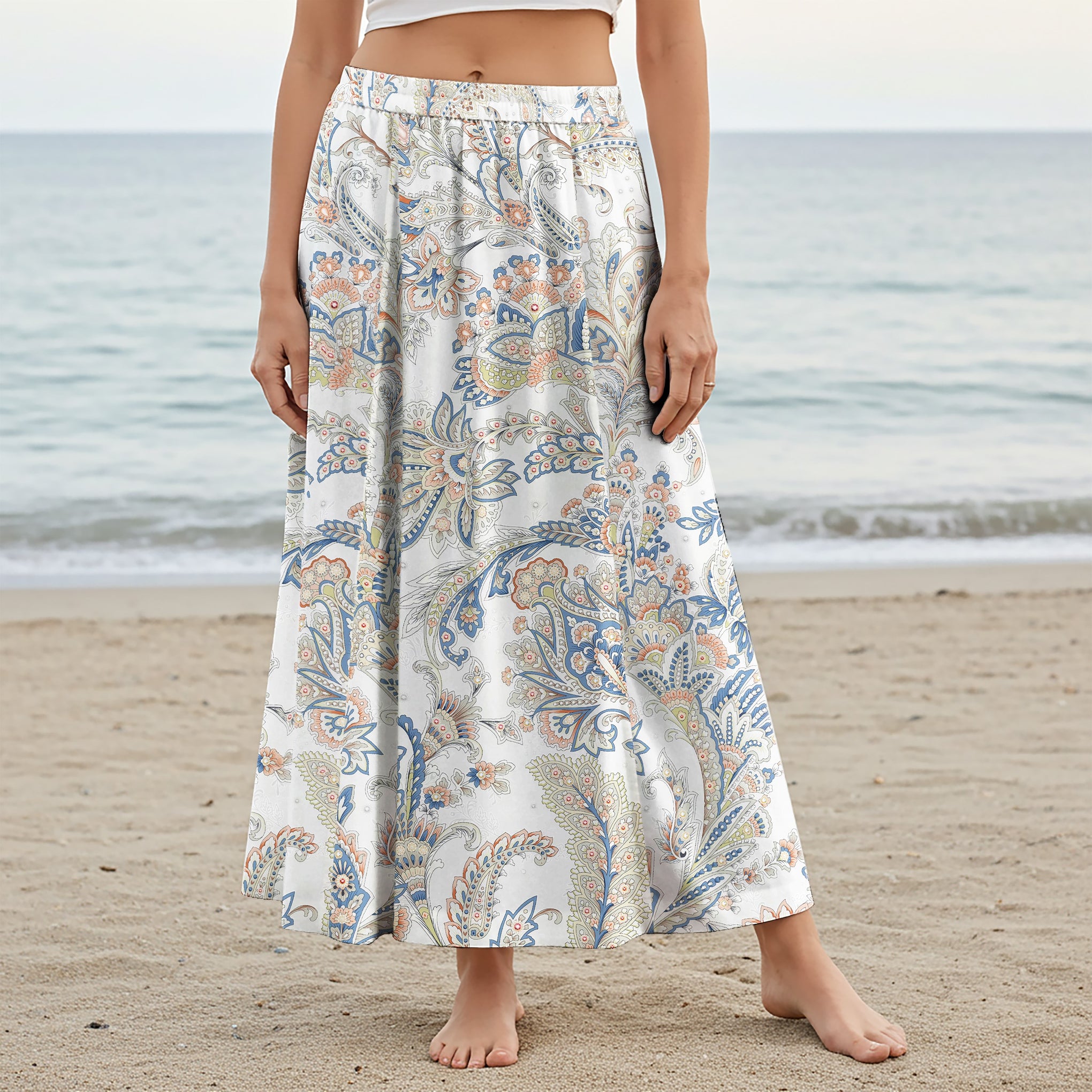 Women Casual Maxi Skirt Long Elastic Waist with Pockets 100% Cotton Blue Aloha Powder Blue Paisley Charm