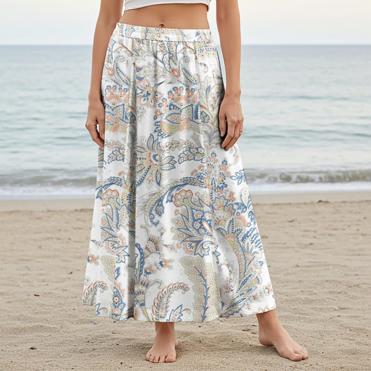 Women Casual Maxi Skirt Long Elastic Waist with Pockets 100% Cotton Blue Aloha Powder Blue Paisley Charm