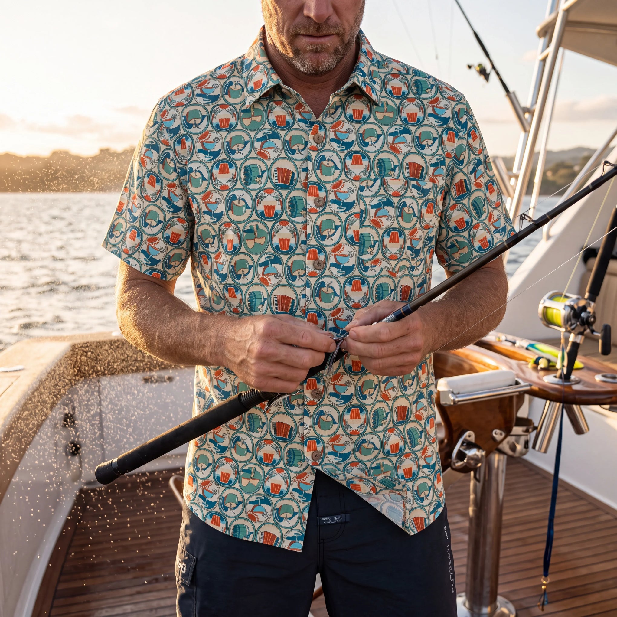 LeosWare men's vintage Hawaiian shirt, teal and burnt orange design