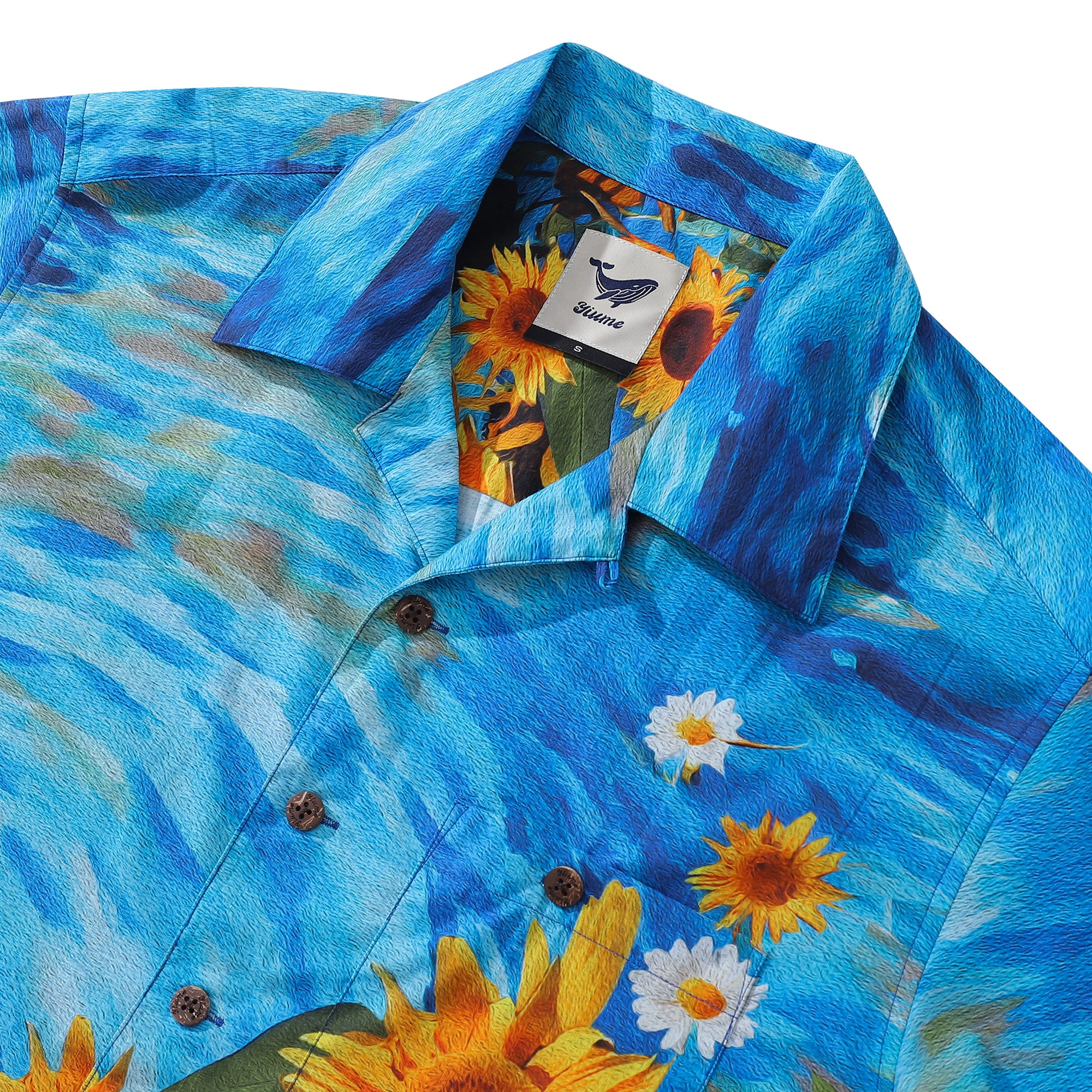 100% Cotton Hawaiian Shirt For Men Sunflowers Growing Wild Blue Camp Collar Shirt