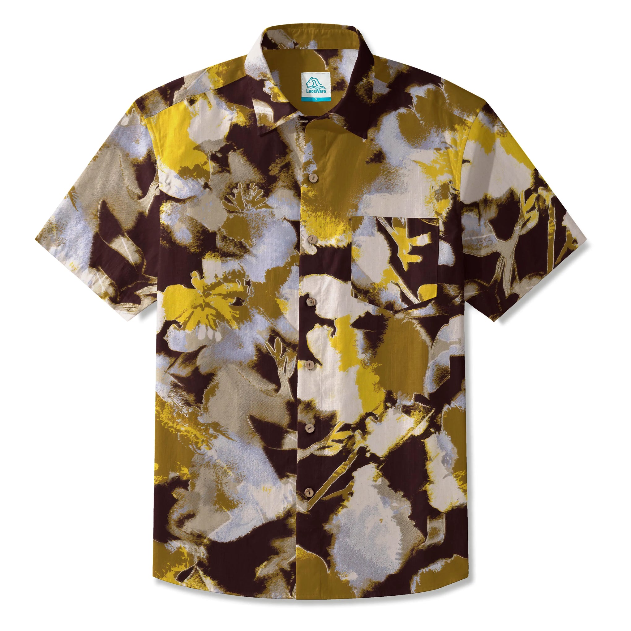 LeosWare® Men's Hawaiian Shirt Short Sleeve Button-up 100% Cotton Yellow Aloha Golden Artistic Flowers