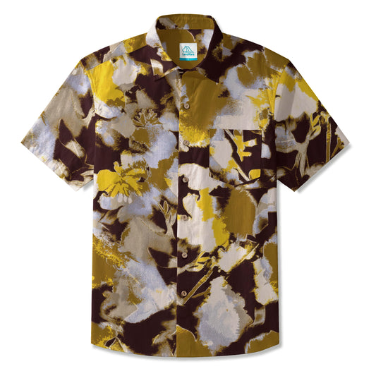 LeosWare® Men's Hawaiian Shirt Short Sleeve Button-up 100% Cotton Yellow Aloha Golden Artistic Flowers