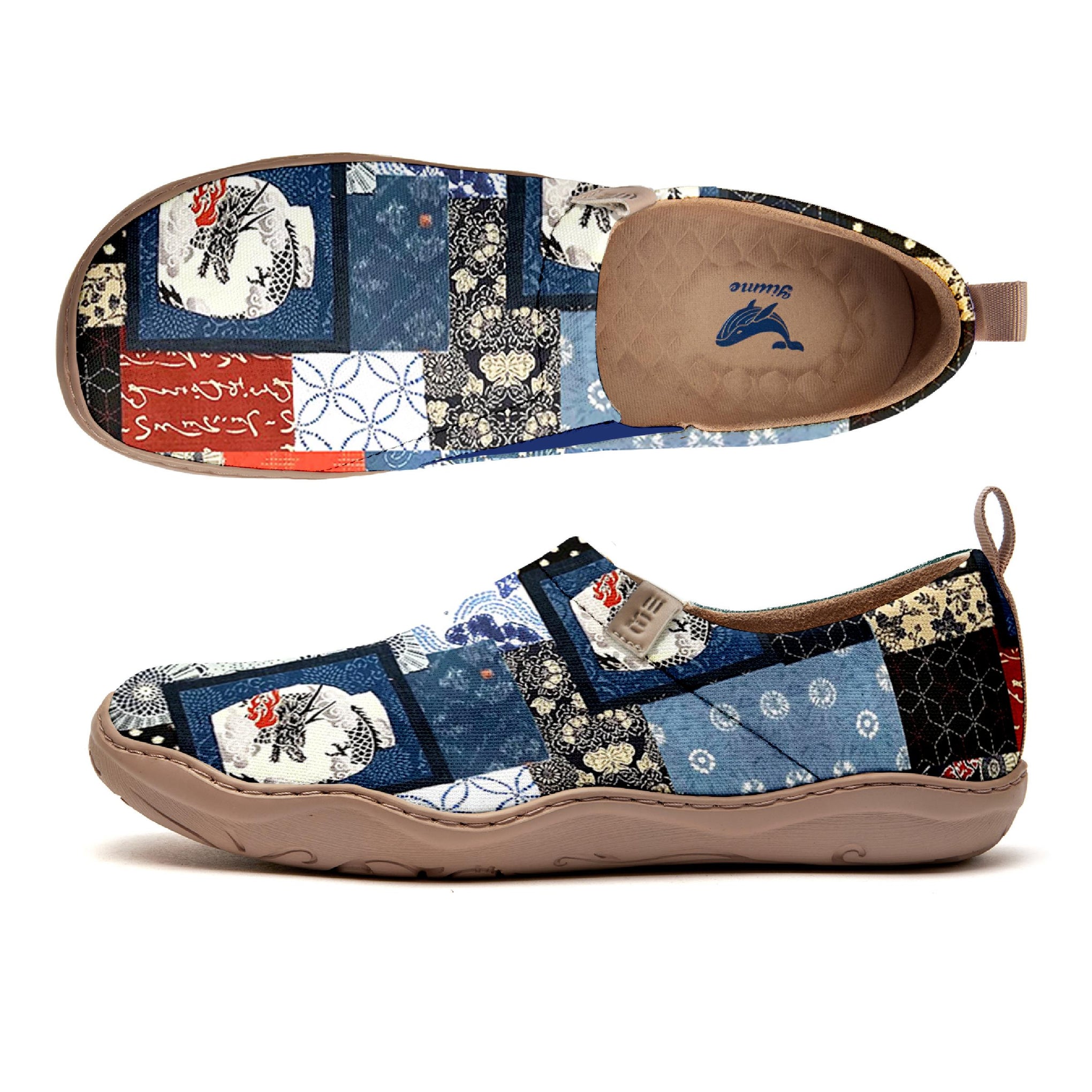 Yiume Frauenkunst Slip-on lässig Canvas-Schuhe Japanisches Patchwork gestrichen, 100% Baumwollblau, japanisch inspiriertes Hemd