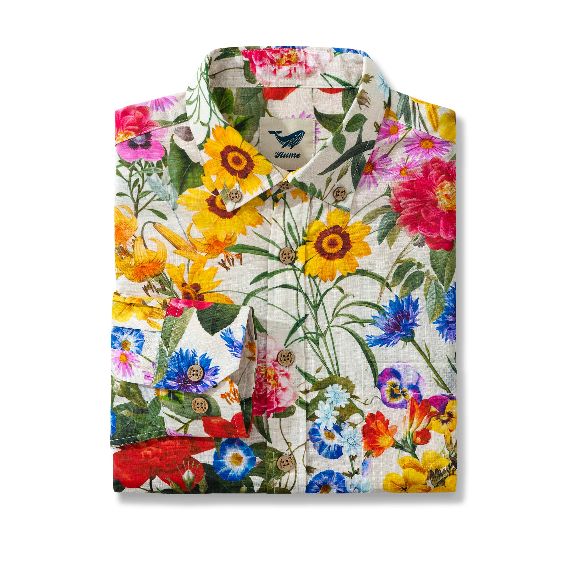 Chemise hawaïenne à manches longues pour hommes Fleurs ensoleillées 100 % coton Chemise Aloha à boutons