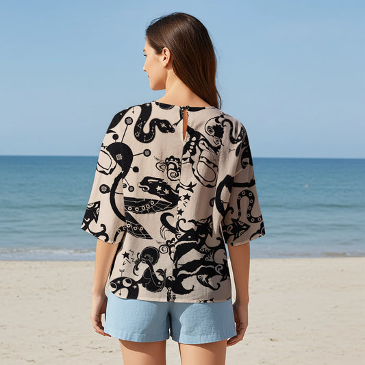 Women Casual Blouse Elbow Sleeve Round Neck Button-Back 95% Lyocell, 5% Linen Black Aloha Mystical Star Trails