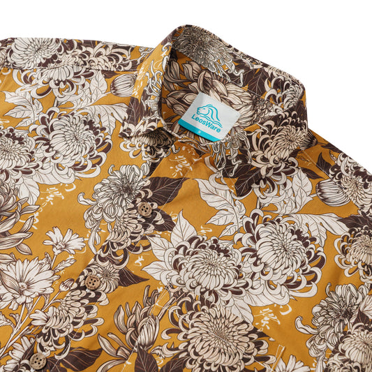 LeosWare® Men's Hawaiian Shirt Short Sleeve Button-up 100% Cotton Yellow Aloha Japanese Vintage Floral Pattern Design