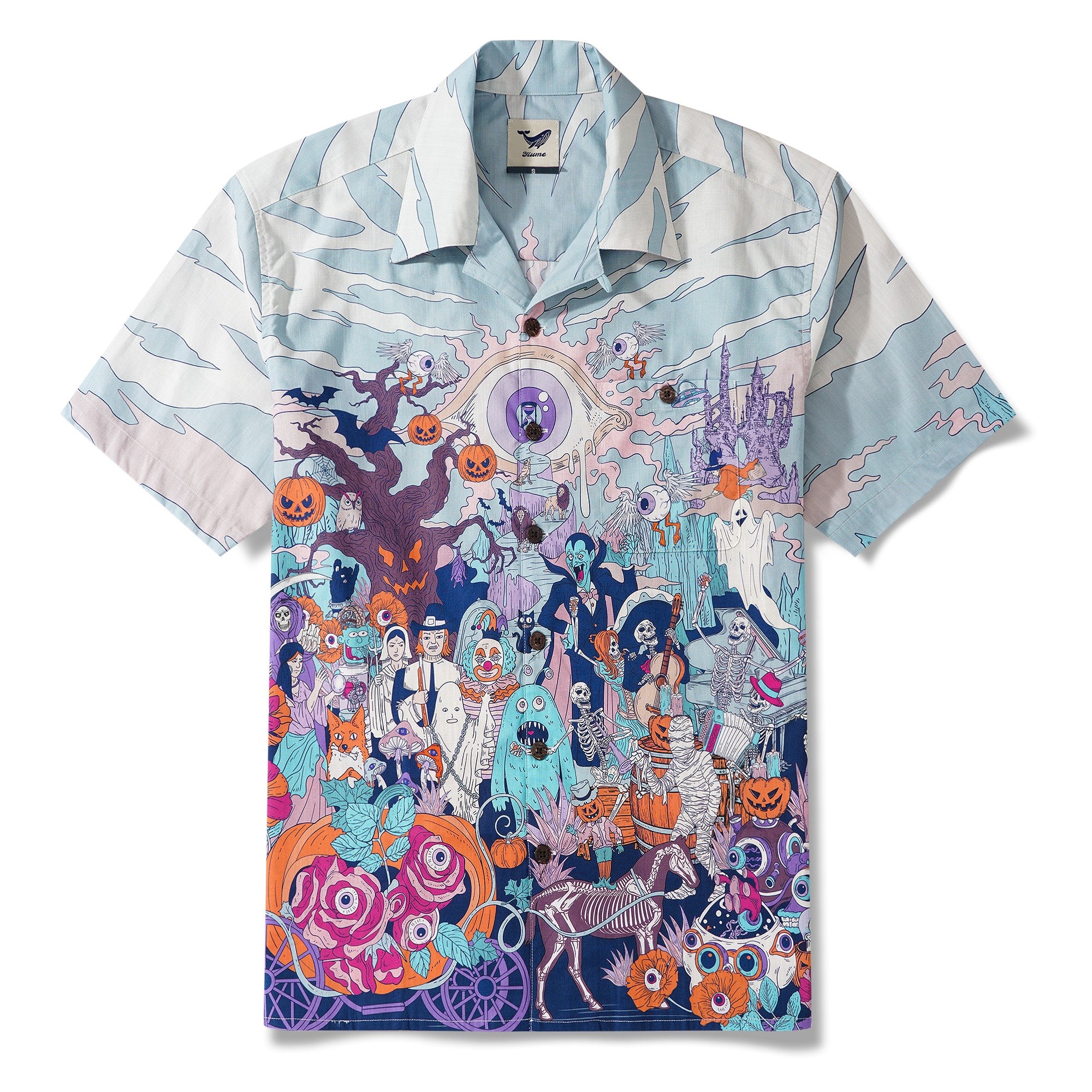 Herren -Hawaiian -Hemd Kurzarm Camp Halsband 100% Baumwoll weiß Aloha Midnight Halloween/Dantes Halloween