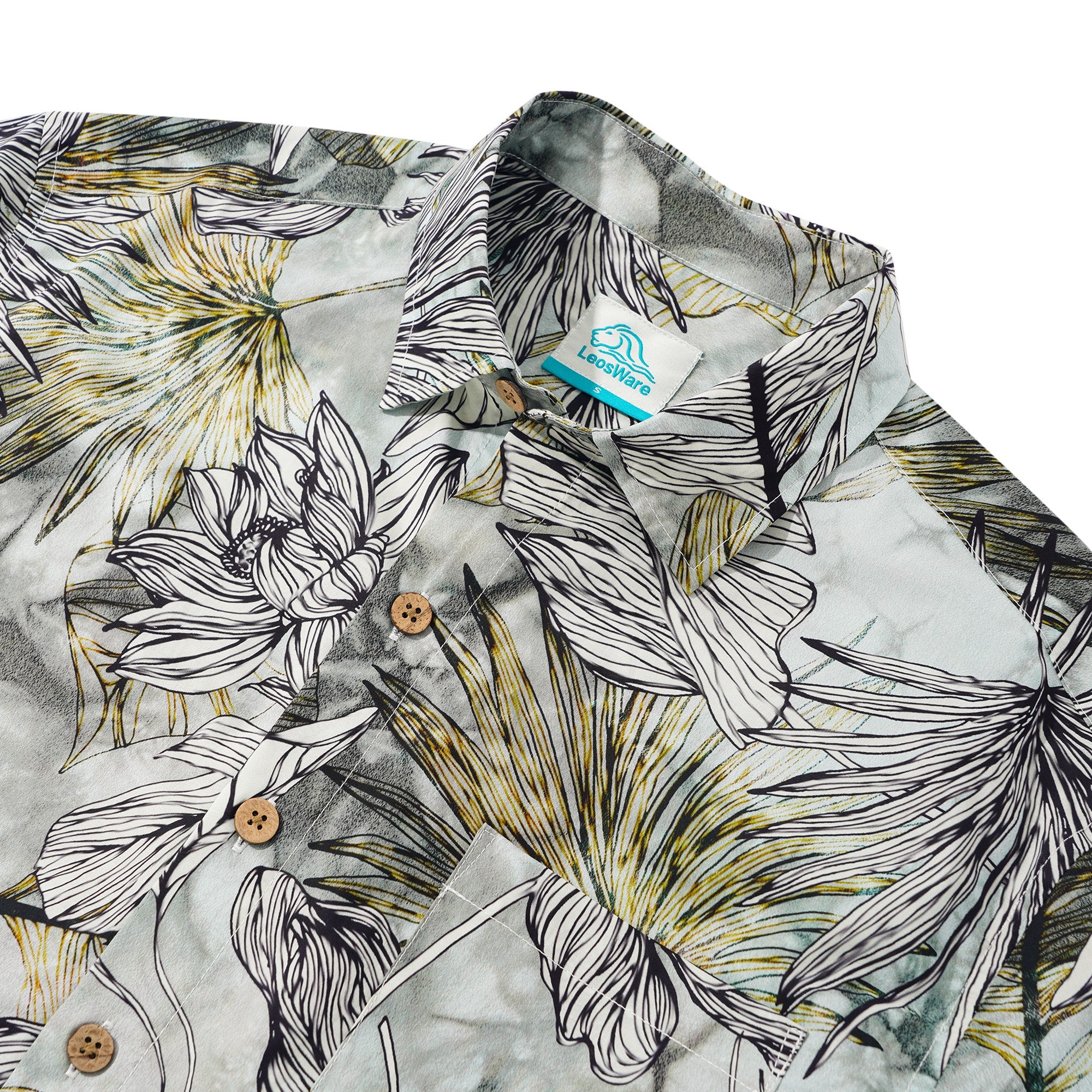 LeosWare® Men's Hawaiian Shirt Short Sleeve Button-up 100% Cotton Green Aloha Fresh Tropical Plant Art
