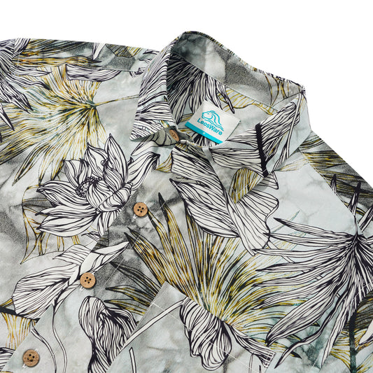 LeosWare® Men's Hawaiian Shirt Short Sleeve Button-up 100% Cotton Green Aloha Fresh Tropical Plant Art