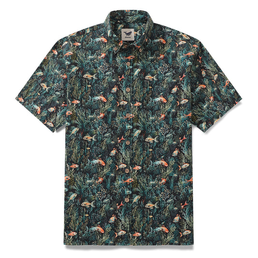 Men's Hawaiian Shirt Under the Sea Print Cotton Button-down Short Sleeve Aloha Shirt