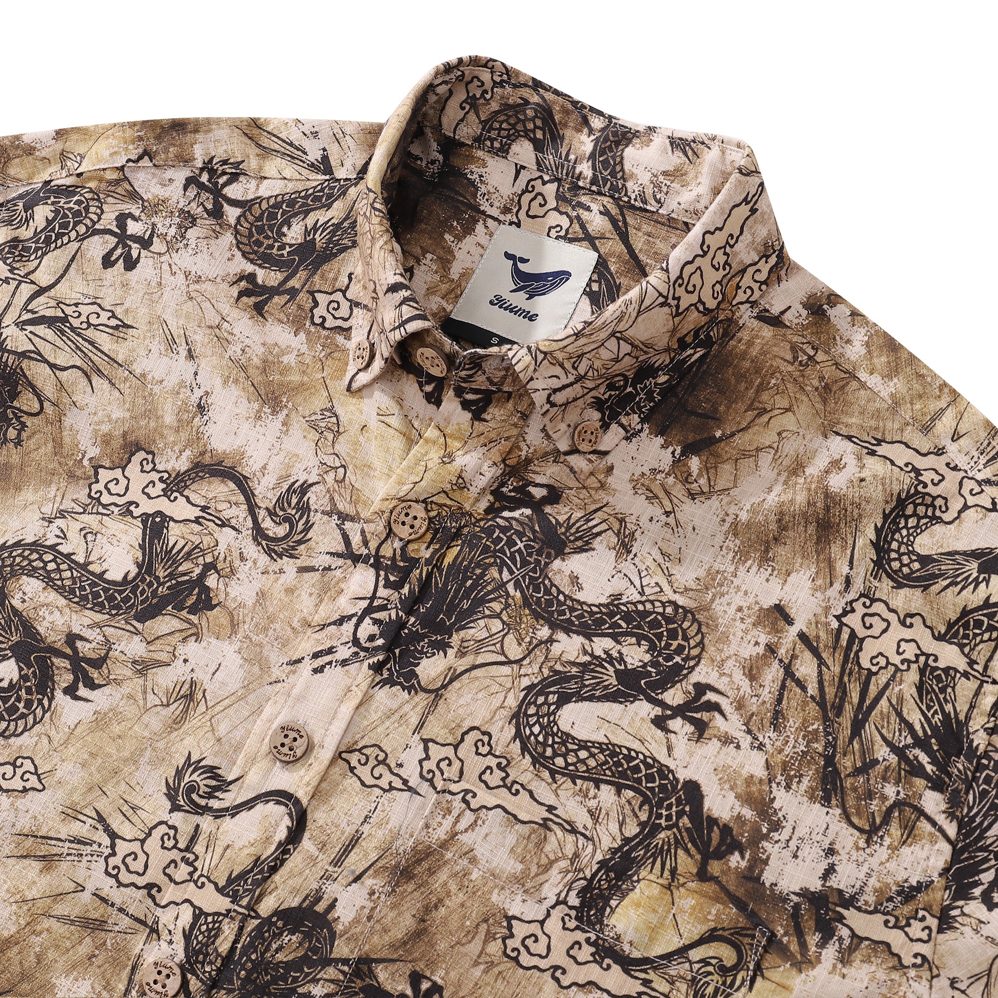 Long Sleeve Hawaiian Shirt For Men Dragon Totem Pattern Cotton Button-down Aloha Shirt