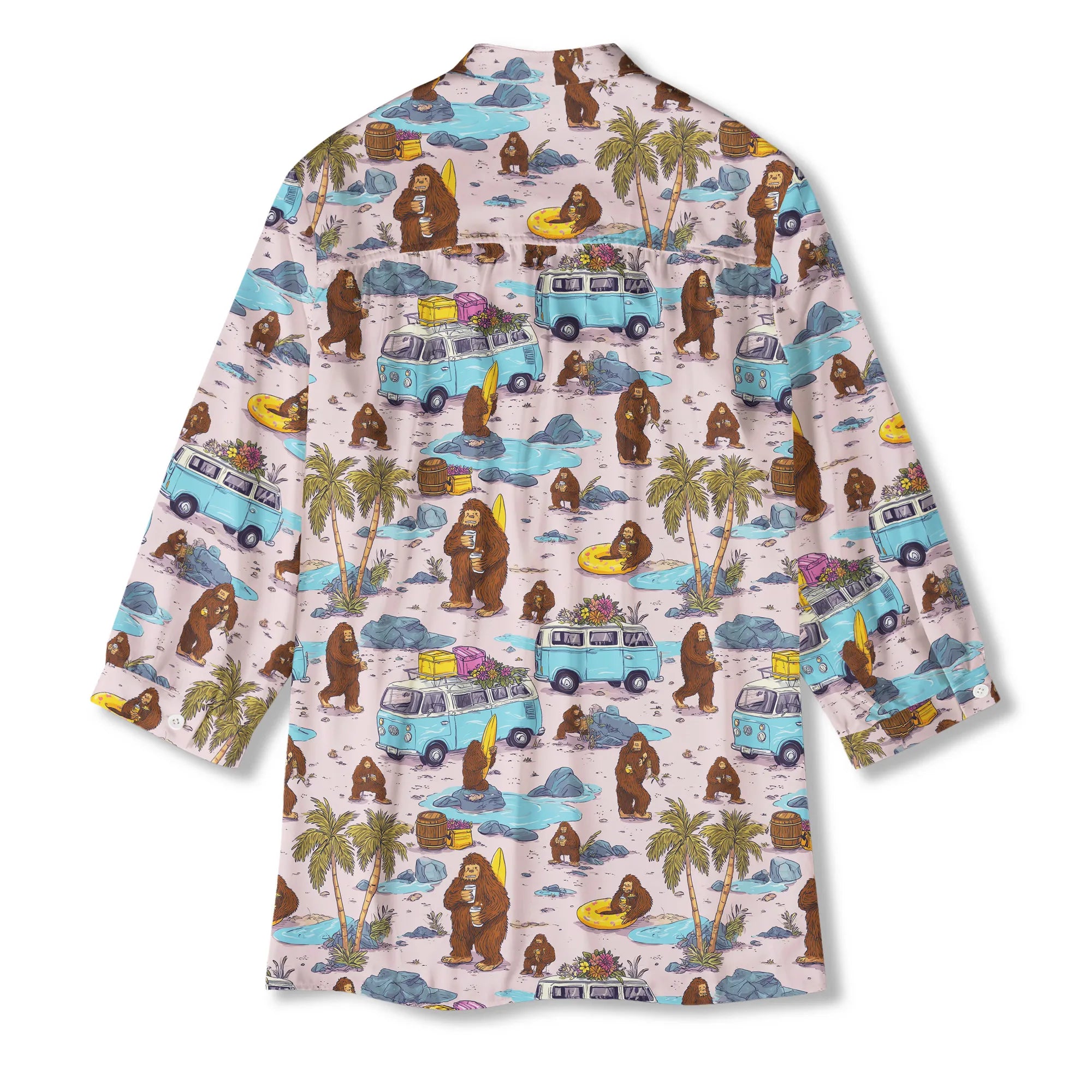 Women's Aloha Pink art shirt with Bigfoot, 3/4 sleeve, V-neck