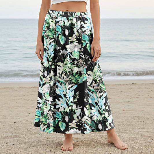 Women Casual Maxi Skirt Long Elastic Waist with Pockets 100% Cotton Green Aloha Night Garden