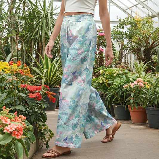 Women Casual Pants Lounge Elastic Waist Drawstring with Pockets 100% Cotton Blue Aloha Painted Scroll Of The Celestial Garden