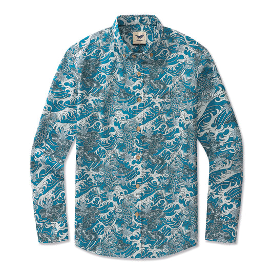Koi-Tanz in den Wolken 100% Baumwolle Herren Aloha Hawaiian Langarm Hemd mit Knopfleiste