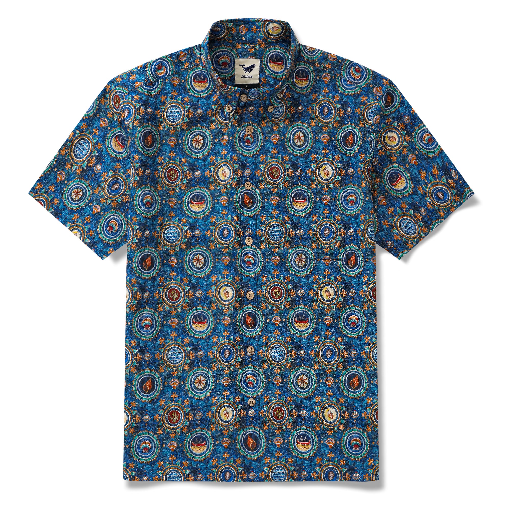 Herren-Hawaiian-Hemd Kurzärmel Button 100% Baumwollblau Aloha Shell Mosaic