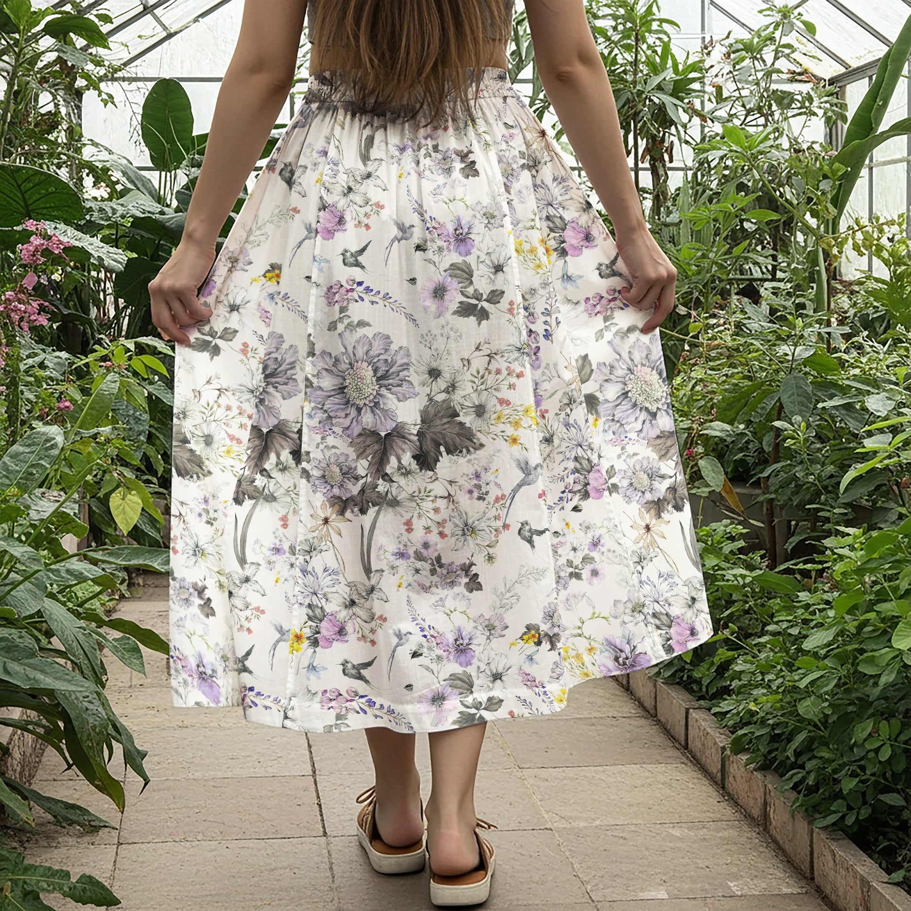 Women Casual Maxi Skirt Long Elastic Waist with Pockets 100% Cotton Purple Aloha Dream Of Soft Purple Flowers