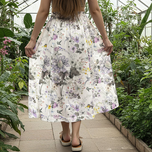 Women Casual Maxi Skirt Long Elastic Waist with Pockets 100% Cotton Purple Aloha Dream Of Soft Purple Flowers