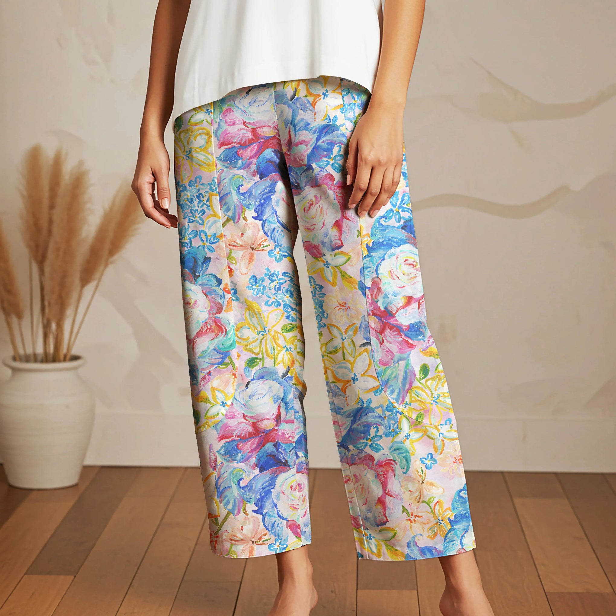 Women Casual Ankle Pants Lounge Elastic Waist with Pockets 93% Lyocell, 7% Linen Blue Aloha Artistic Floral Fantasia