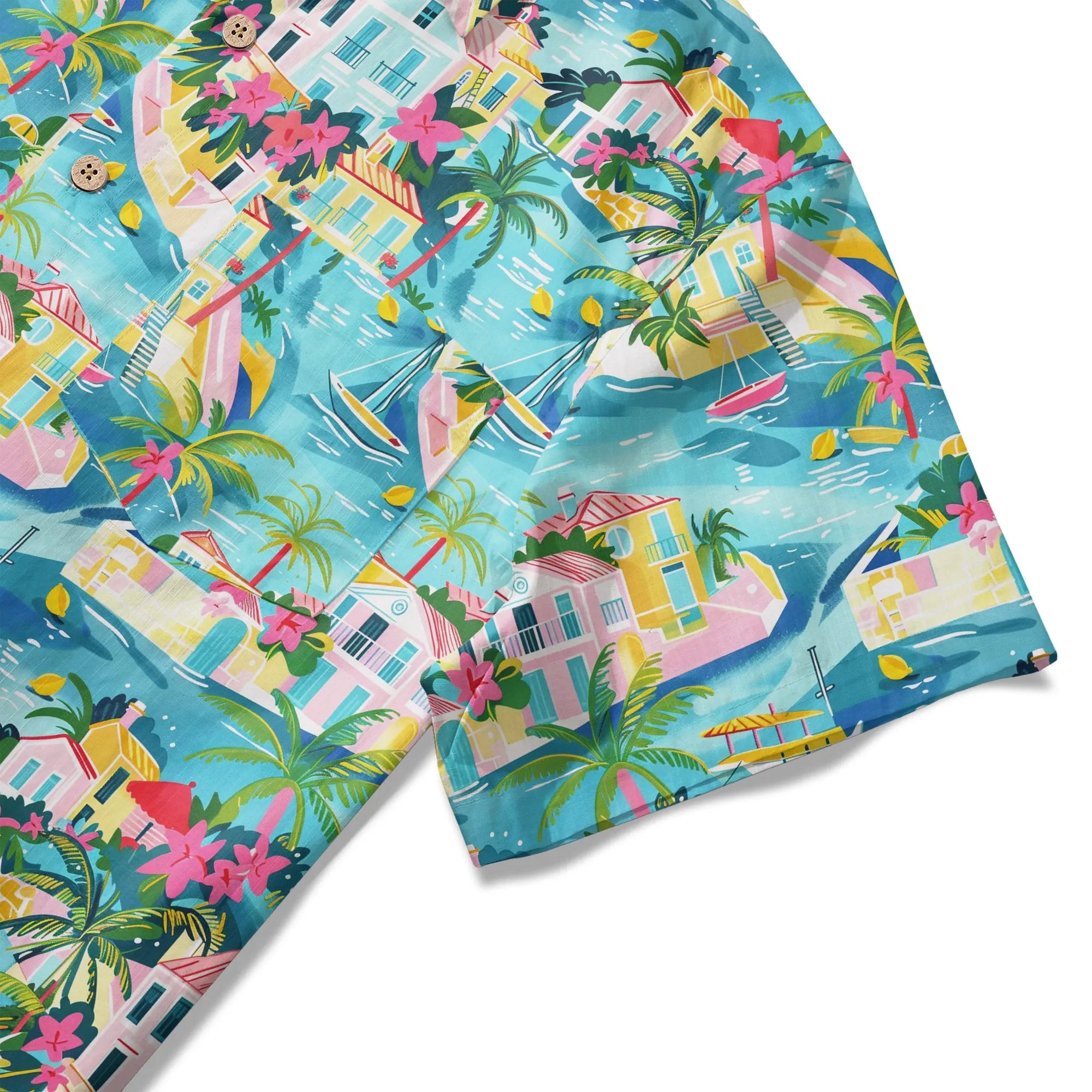 Short sleeve Hawaiian shirt, tropical bay scene
