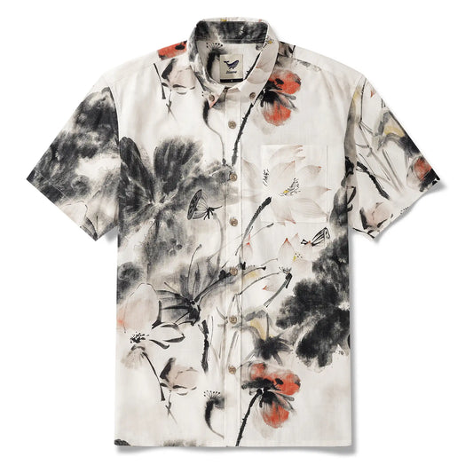 Men's Hawaiian Shirt Short Sleeve Button-down 100% Cotton Gray Aloha Eastern Lotus Elegance