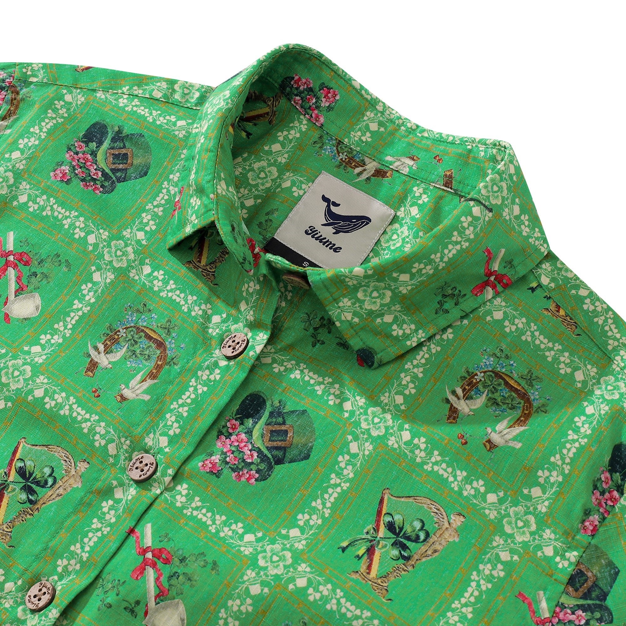 St. Patrick's Day Women's Hawaiian Shirt Green St. Patrick's Day Print Cotton Button-up Short Sleeve