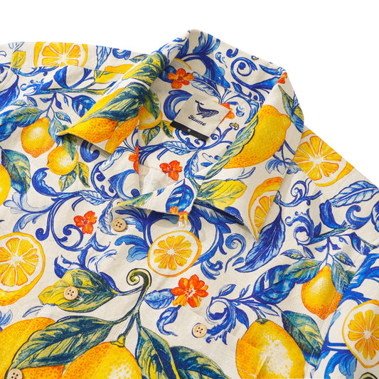 100% Silk Men's Hawaiian Shirt Short Sleeve Camp Collar 100% Silk Blue Aloha Sunlit Lemons