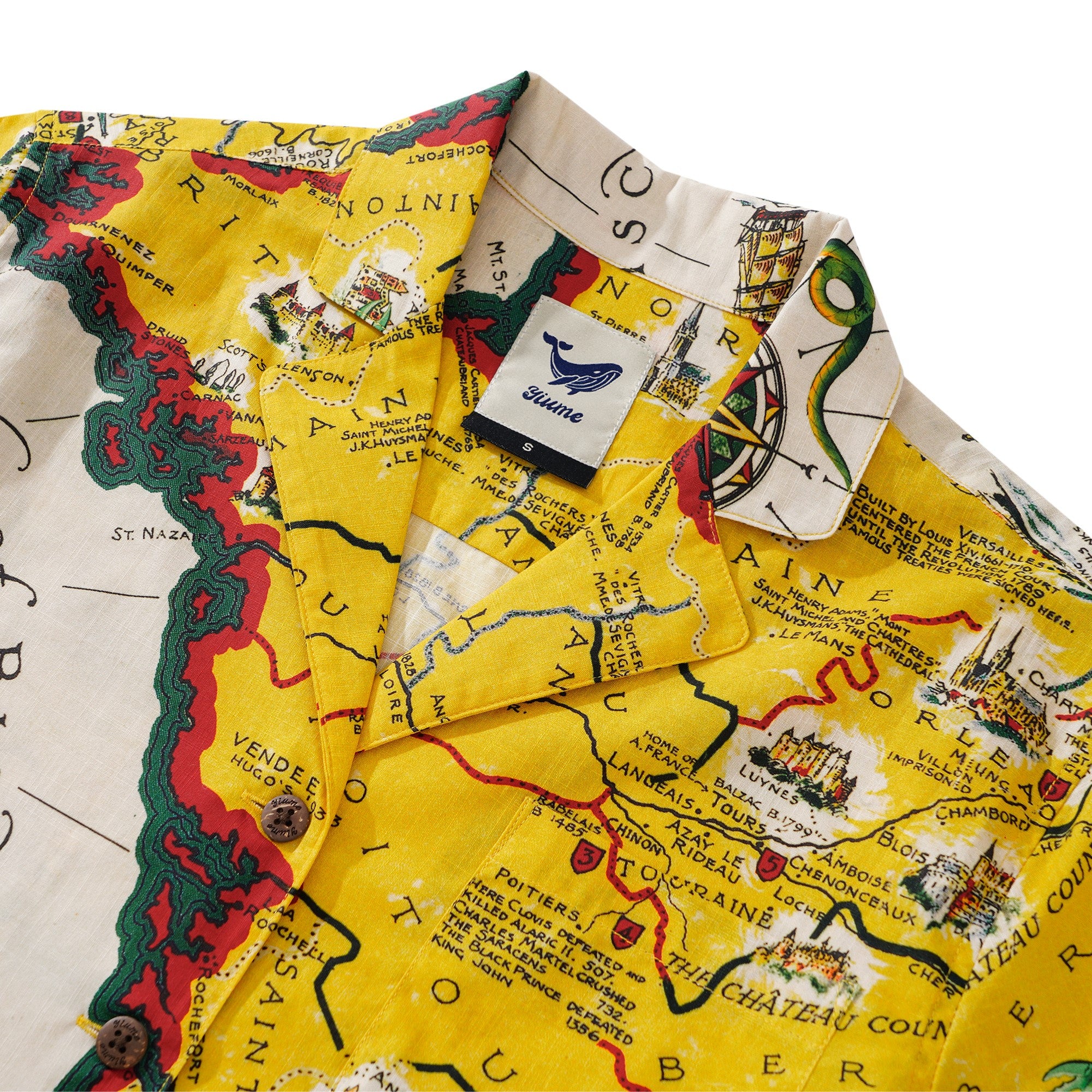 Women's Hawaiian Shirt Short Sleeve Camp Collar 100% Cotton Yellow Aloha Vintage French Map