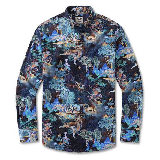 Camisa Hawaiana para Hombre Vintage de los Años 50 Armonía en Algodón Azul Cielo de Manga Larga Aloha