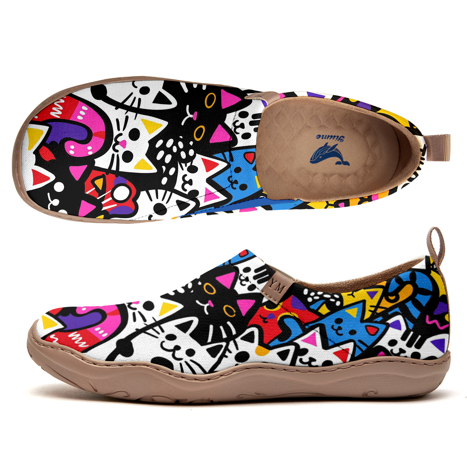 Women's Foldable Loafers, Paws Party Blue Painted Canvas Slip-On Sneakers,100% Cotton Colorful Cats