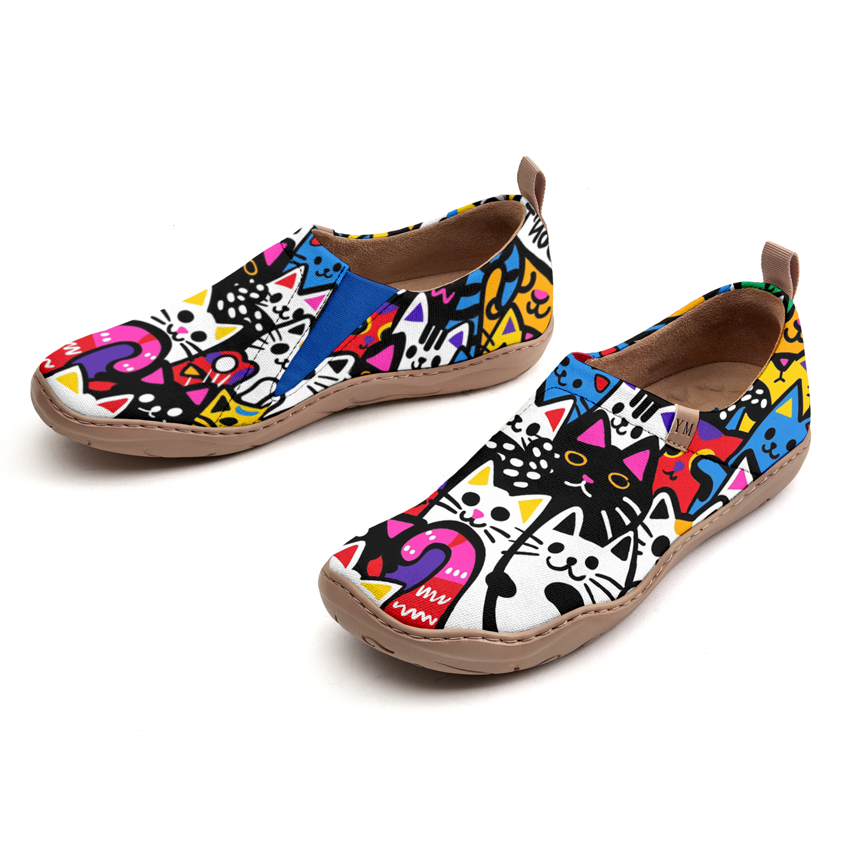 Women's Foldable Loafers, Paws Party Blue Painted Canvas Slip-On Sneakers,100% Cotton Colorful Cats