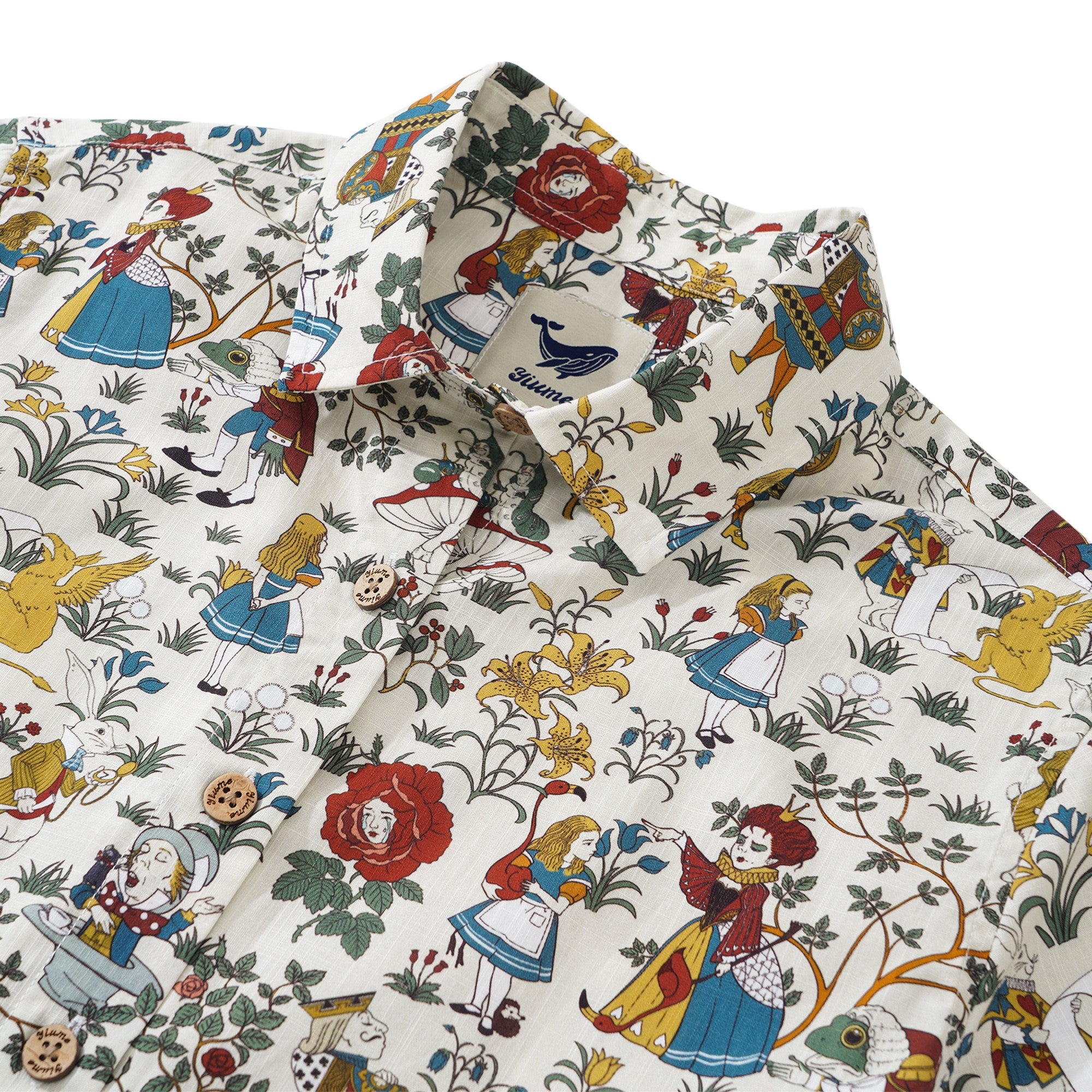 女子ハワイアンシャツ半袖ボタンアップ100％コットンベージュアロハアリスのワンダーランド