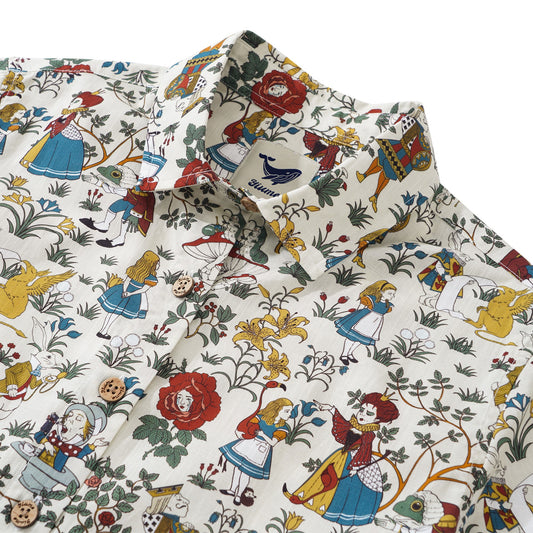 Damen Hawaiian Shirt Short Sleeve Button up 100% Baumwolle Beige Aloha Alice's Wunderland